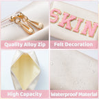 Y1tvei Preppy Patch SKIN Varsity Letter Cosmetic Toiletry Bag PU Leather Portable Makeup Bag Zipper Pouch Storage Purse Waterpro