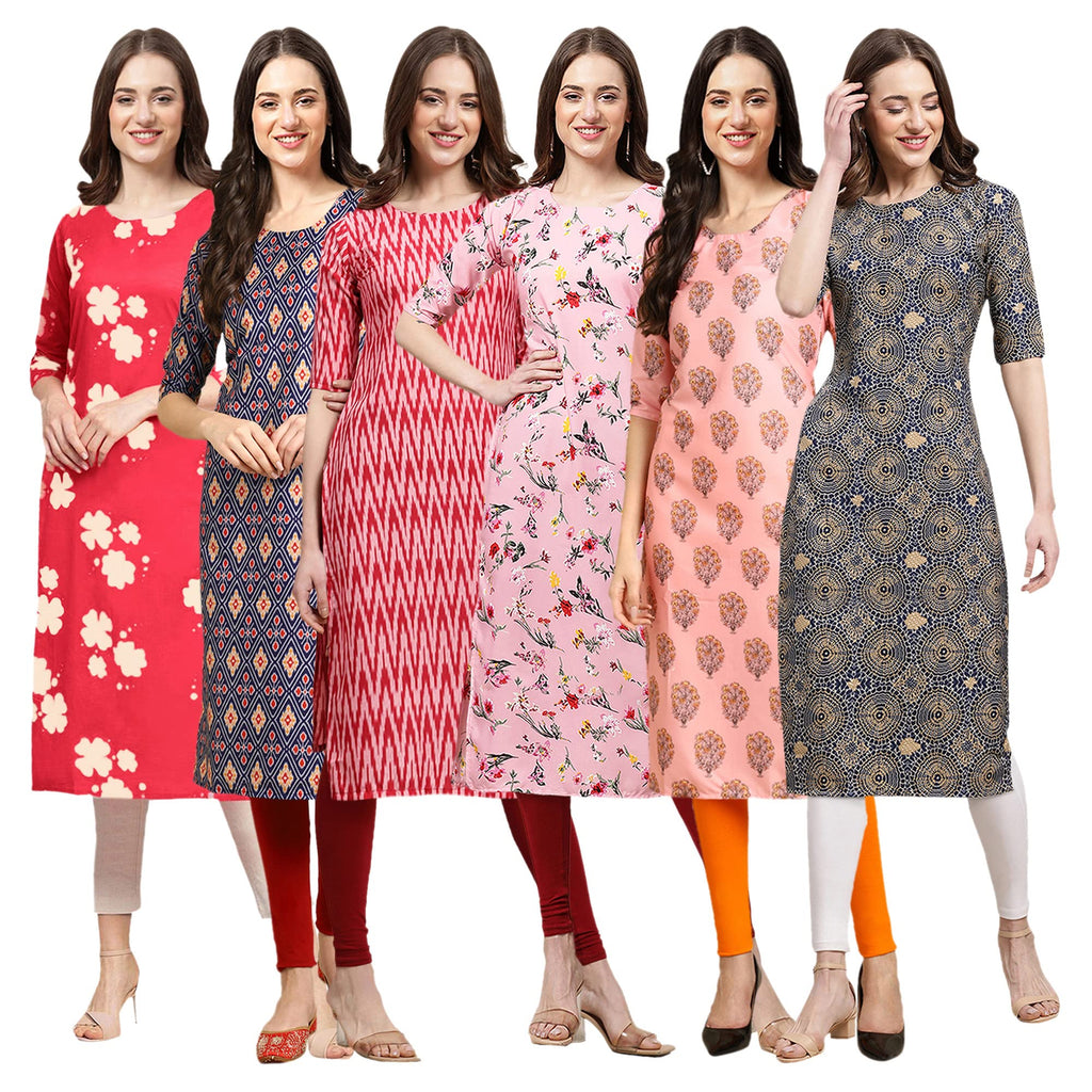 Pinkmint Womens Crepe Digital Print Straight Kurta(Pack of 6)[QV-380-358-328-339-368-341-M]