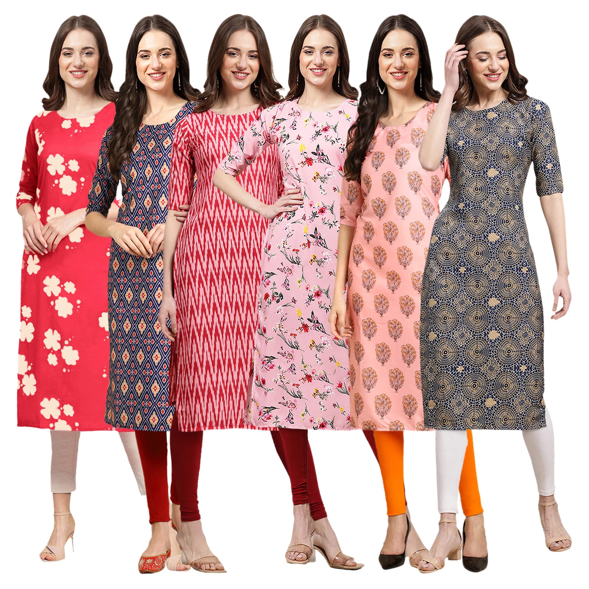 Pinkmint Womens Crepe Digital Print Straight Kurta(Pack of 6)[QV-380-358-328-339-368-341-M]