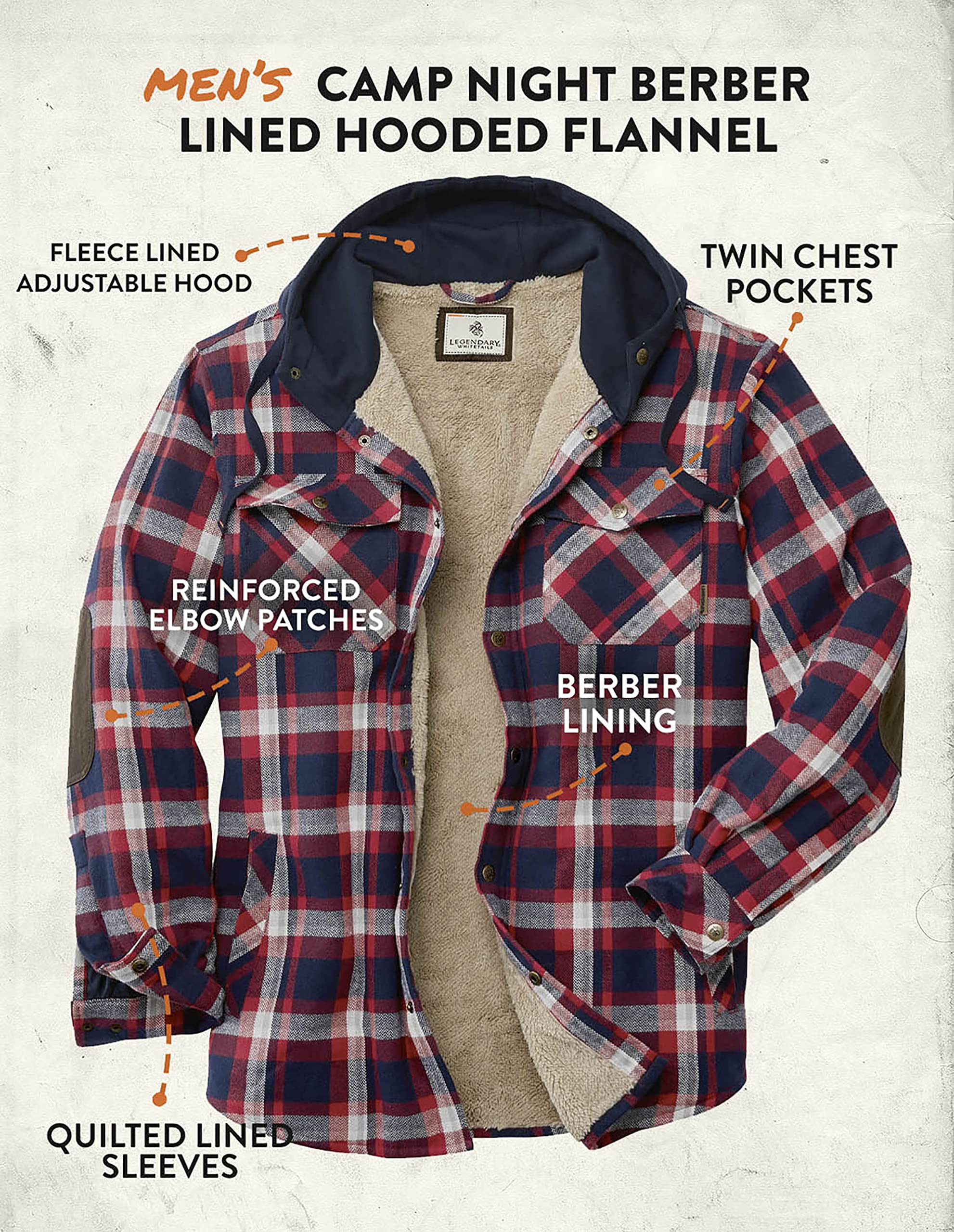 Legendary Whitetails Men's Big & Tall Camp Berber Lined Hooded Flannel Shirt Jacket, Night Racer Plaid, XX-Large Tall