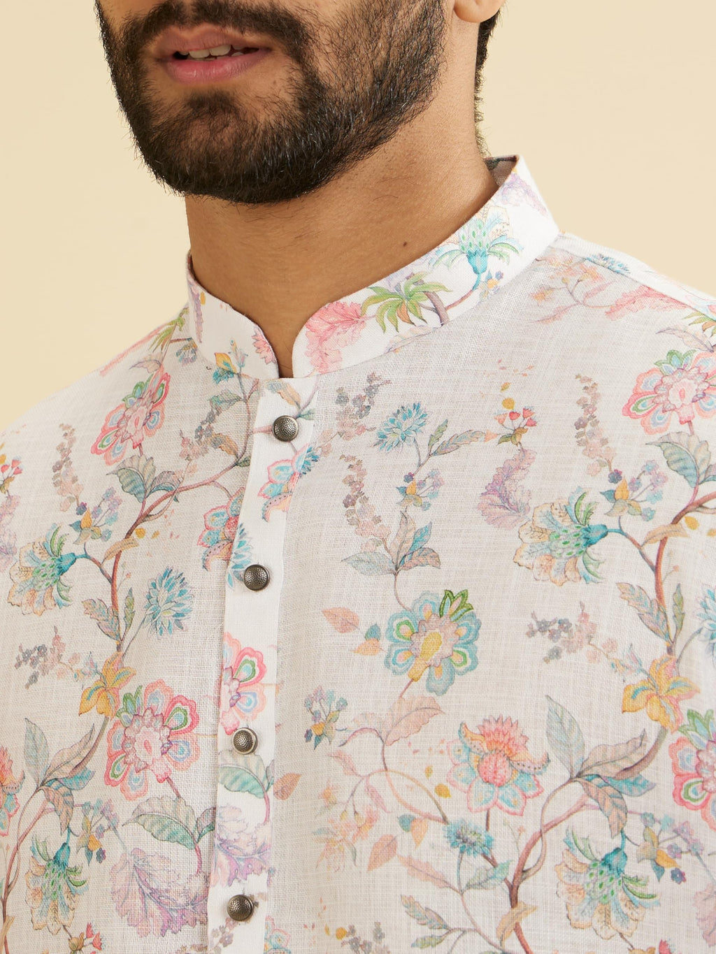 Manyavar Blended Cotton Mens Floral Print Kurta
