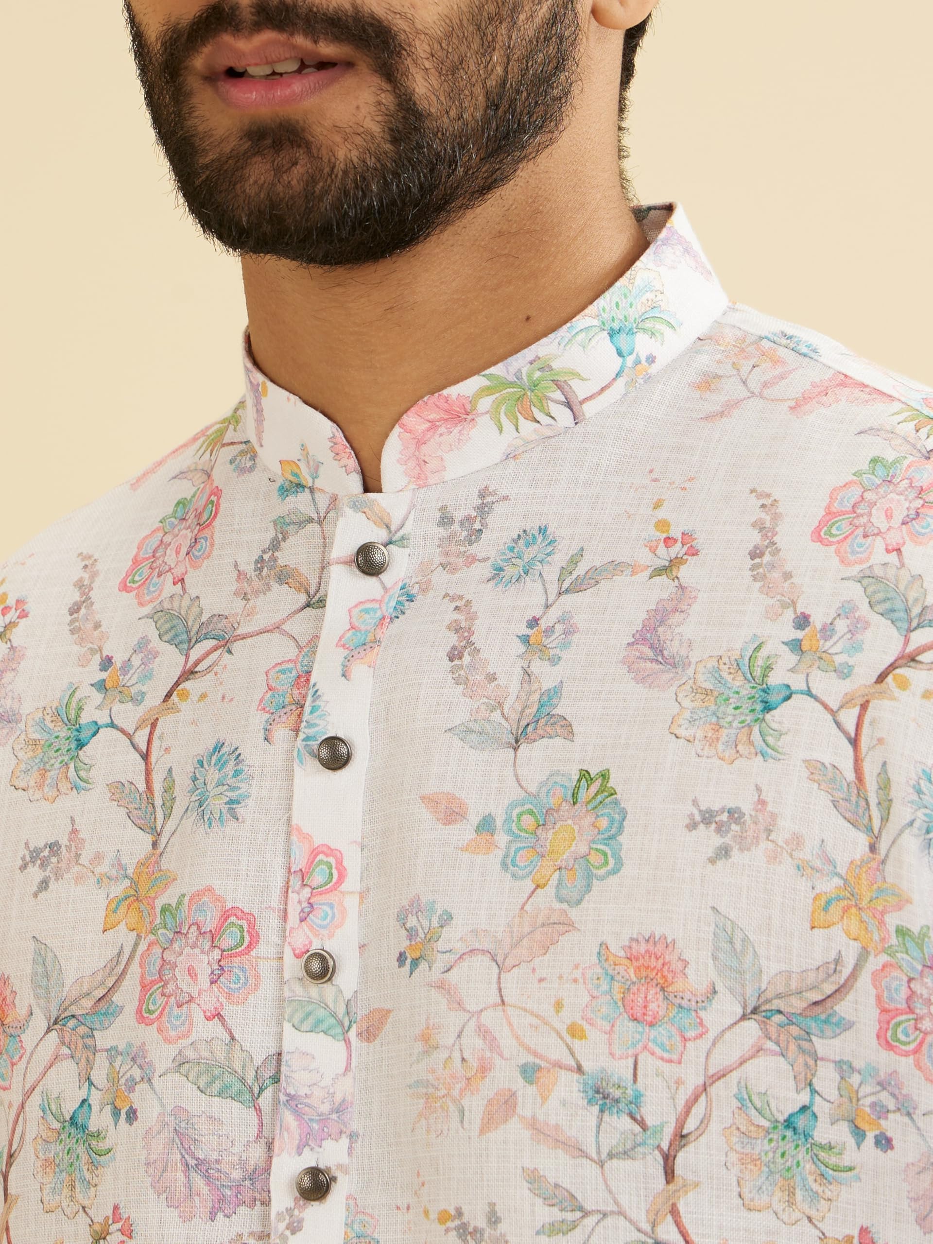 Manyavar Blended Cotton Mens Floral Print Kurta