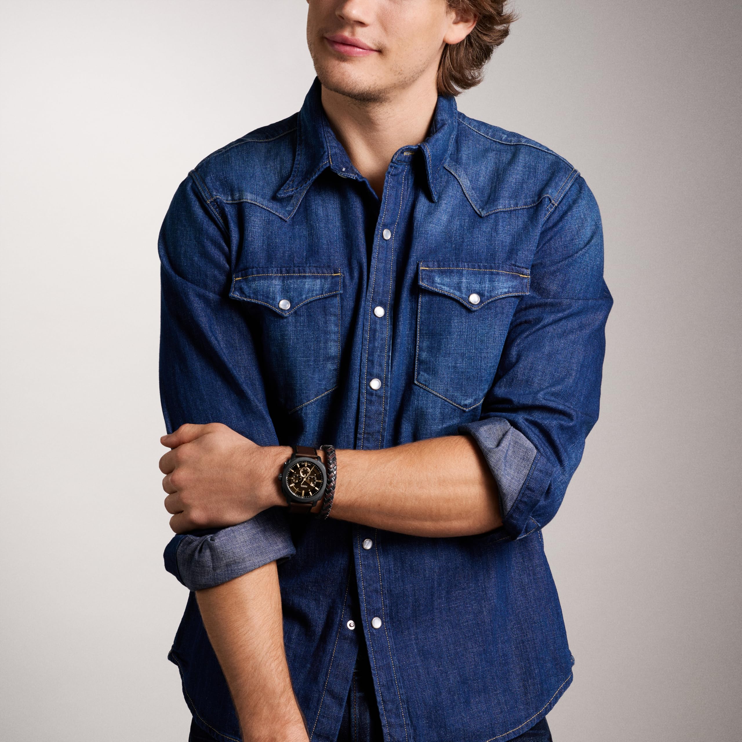 Fossil Men's Machine Chronograph Brown Leather Watch and Bracelet Set