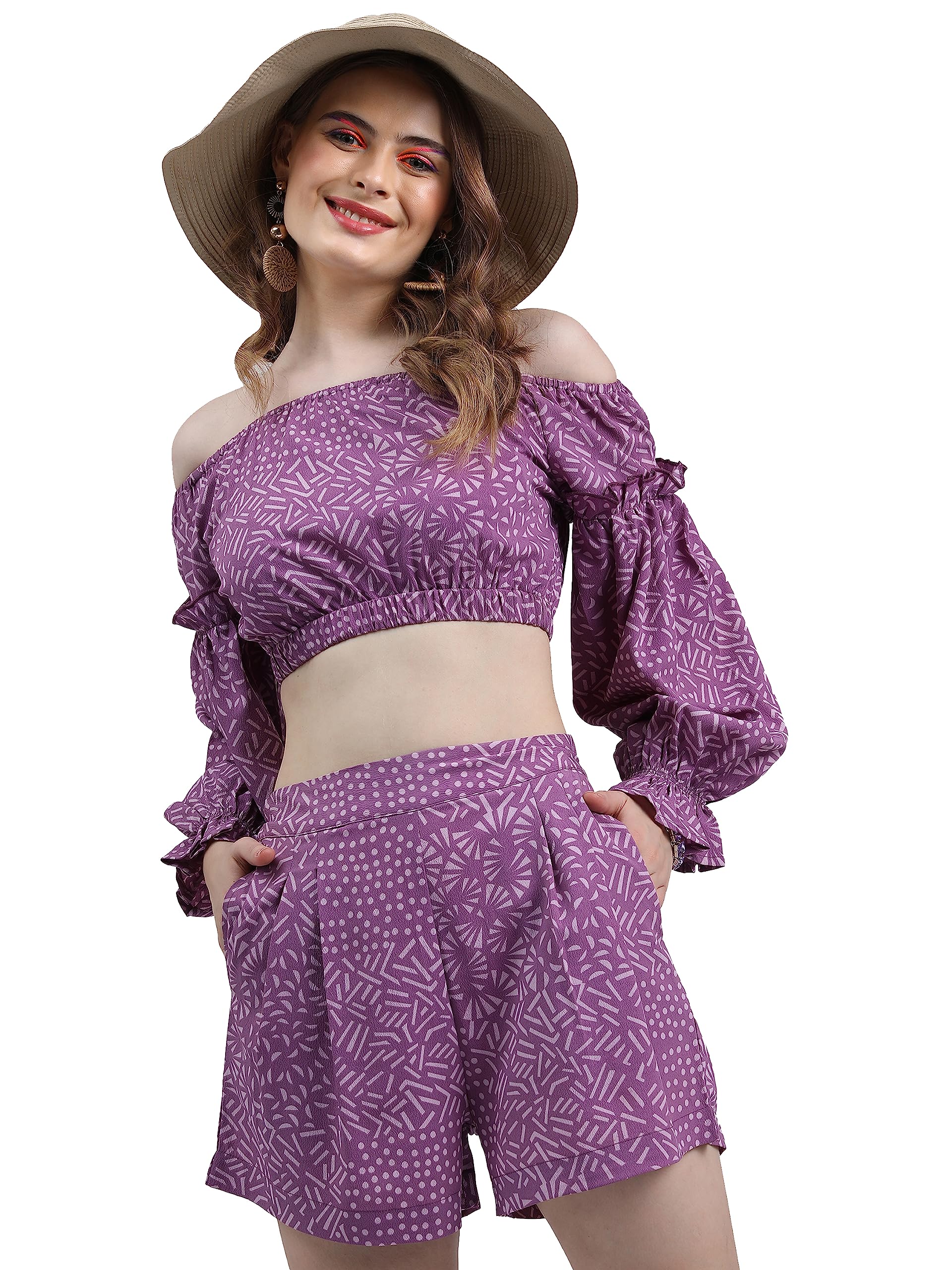 Ketch Polyester Printed Women Western Casual Fit Co-Ord Set Standard Length Playwear Dress (Khce000054_Lavender_Small)