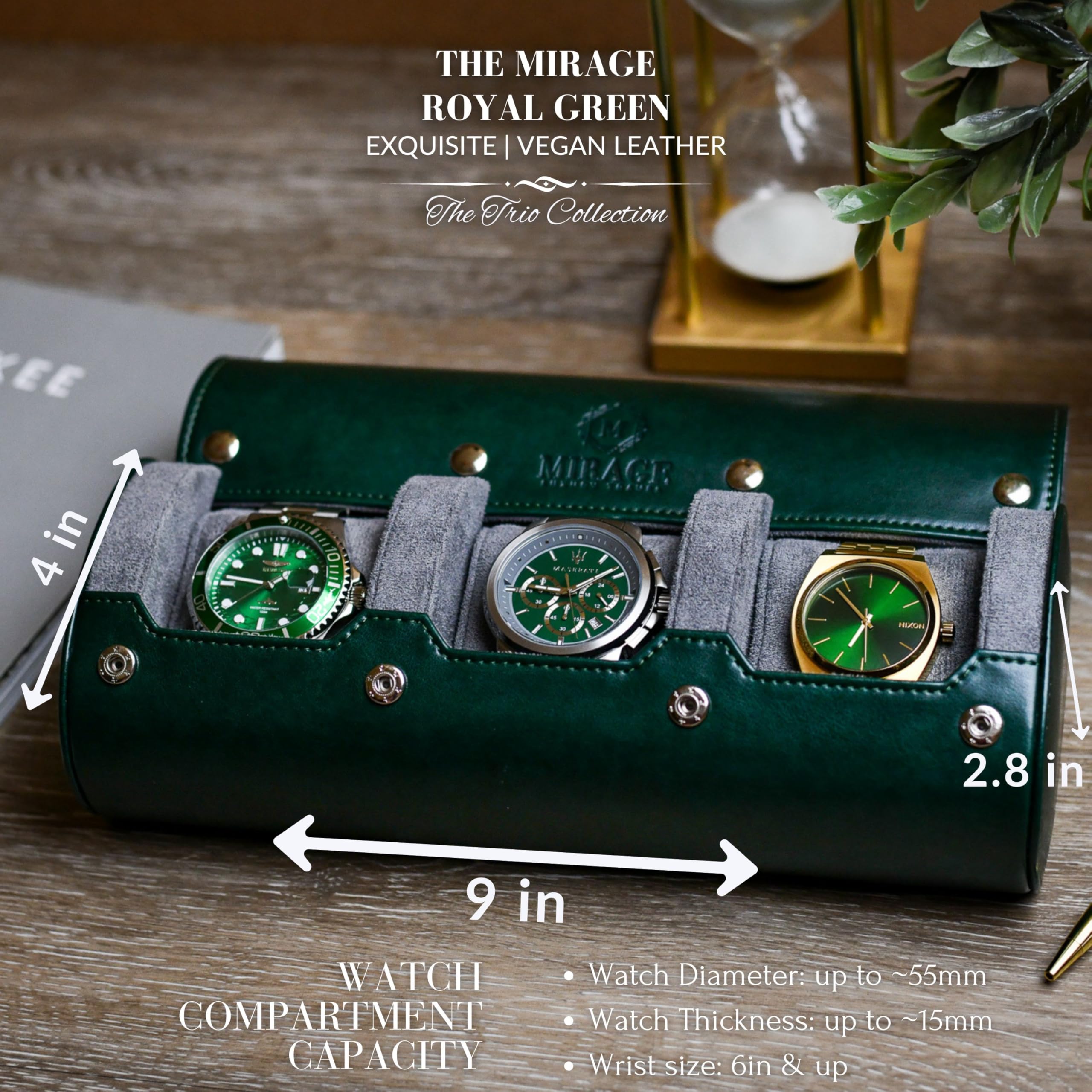 Watch Case for Men - Watch Roll Travel Case - Storage Organizer and Display - Royal Green