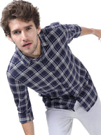 Ketch Men Polycotton Checkered Slim Fit Shirt (Khsh000691_Navy Blue/Green M)