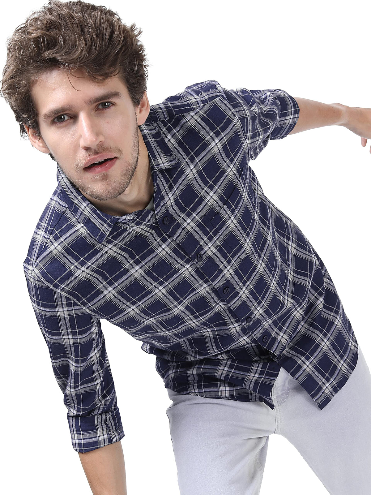 Ketch Men Polycotton Checkered Slim Fit Shirt (Khsh000691_Navy Blue/Green M)