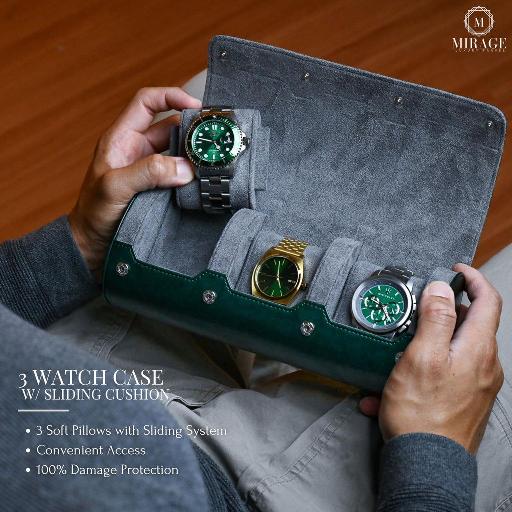 Watch Case for Men - Watch Roll Travel Case - Storage Organizer and Display - Royal Green