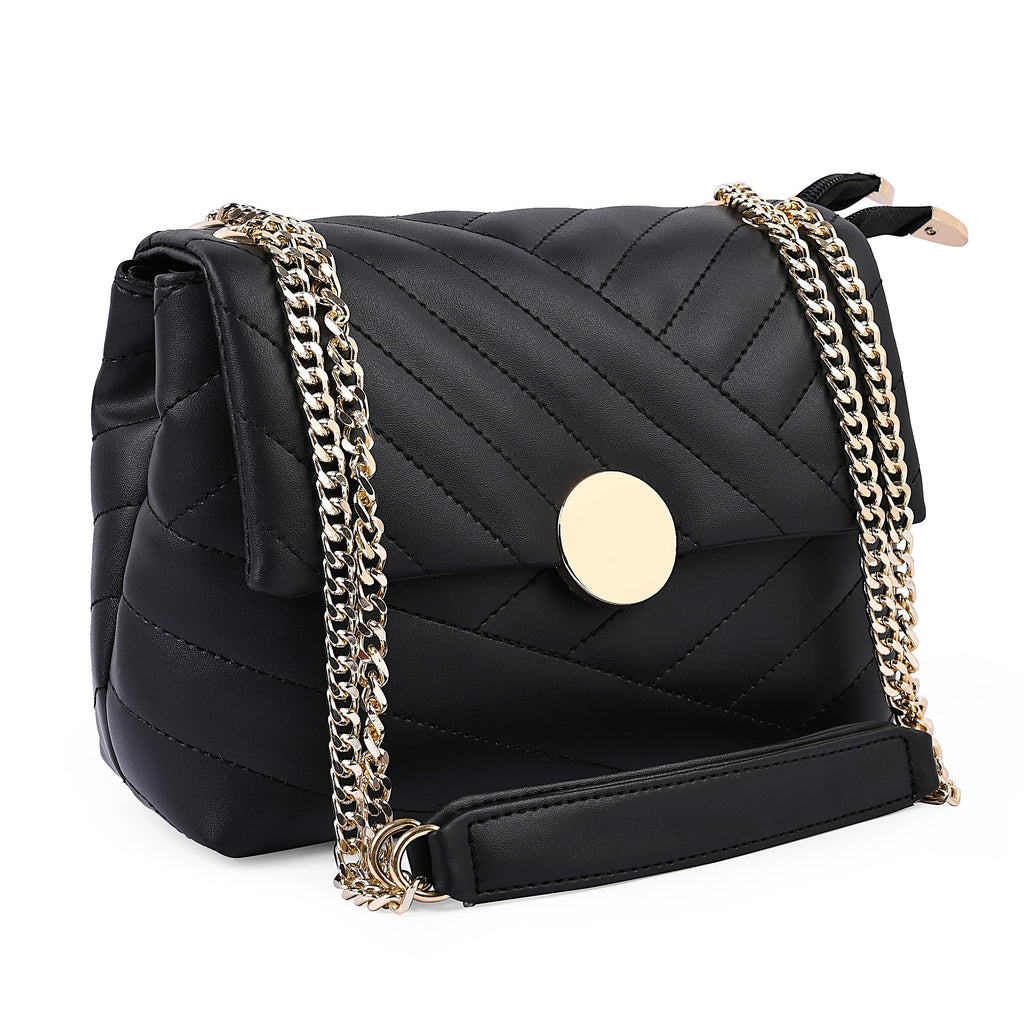 ADISA Womens Girls Quilted Cross Body Sling Bag with Gold Chain (SL5136_Black)