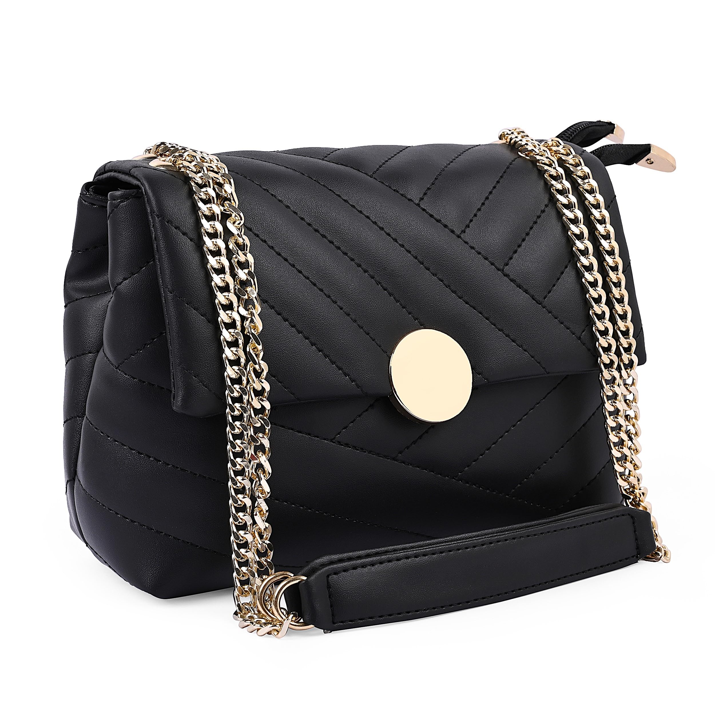 ADISA Womens Girls Quilted Cross Body Sling Bag with Gold Chain (SL5136_Black)