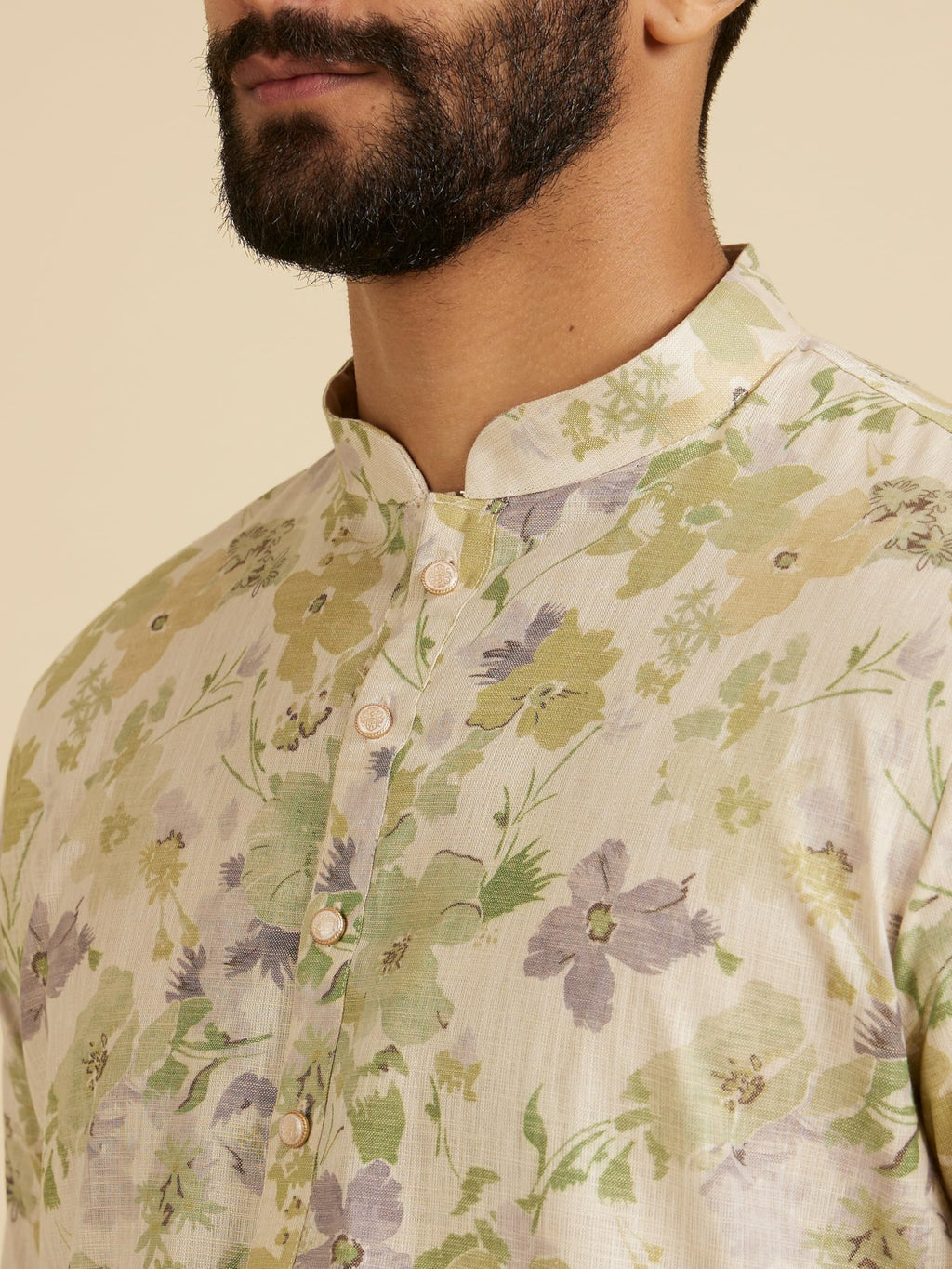 Manyavar Mens Linen Blend Digital Floral Print Long Kurta