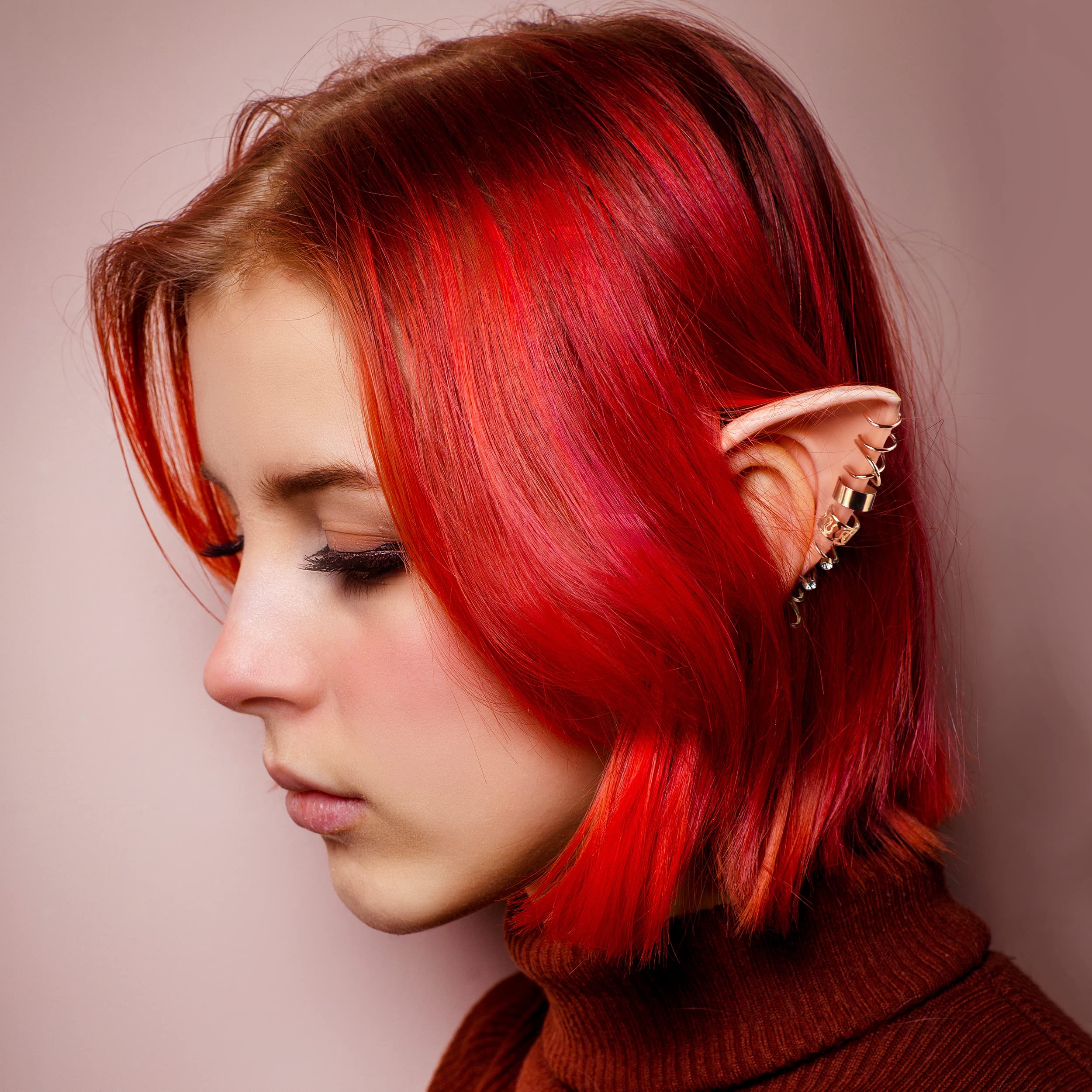 FRESHME Elf Ears with Elf Earrings Set - 2 Pairs Elf Ears and Gold Chain Earrings Ear Cuffs Set for Women Fairy Ear Cosplay Acce