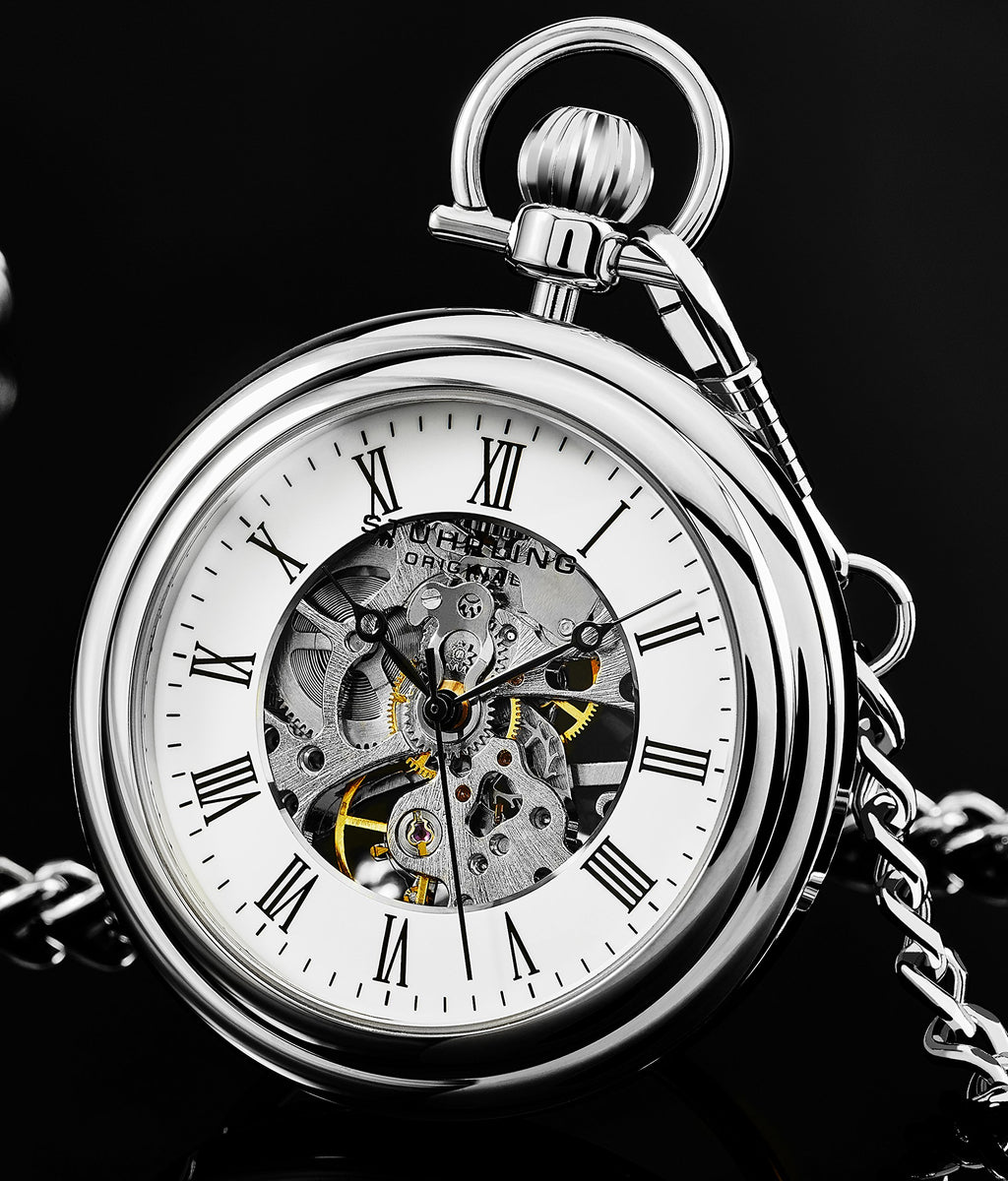 Stuhrling Original Mens Vintage Mechanical Pocket Watch - Stainless Steel Pocket Watch with Chain Analog Skeleton Watch Hand Win