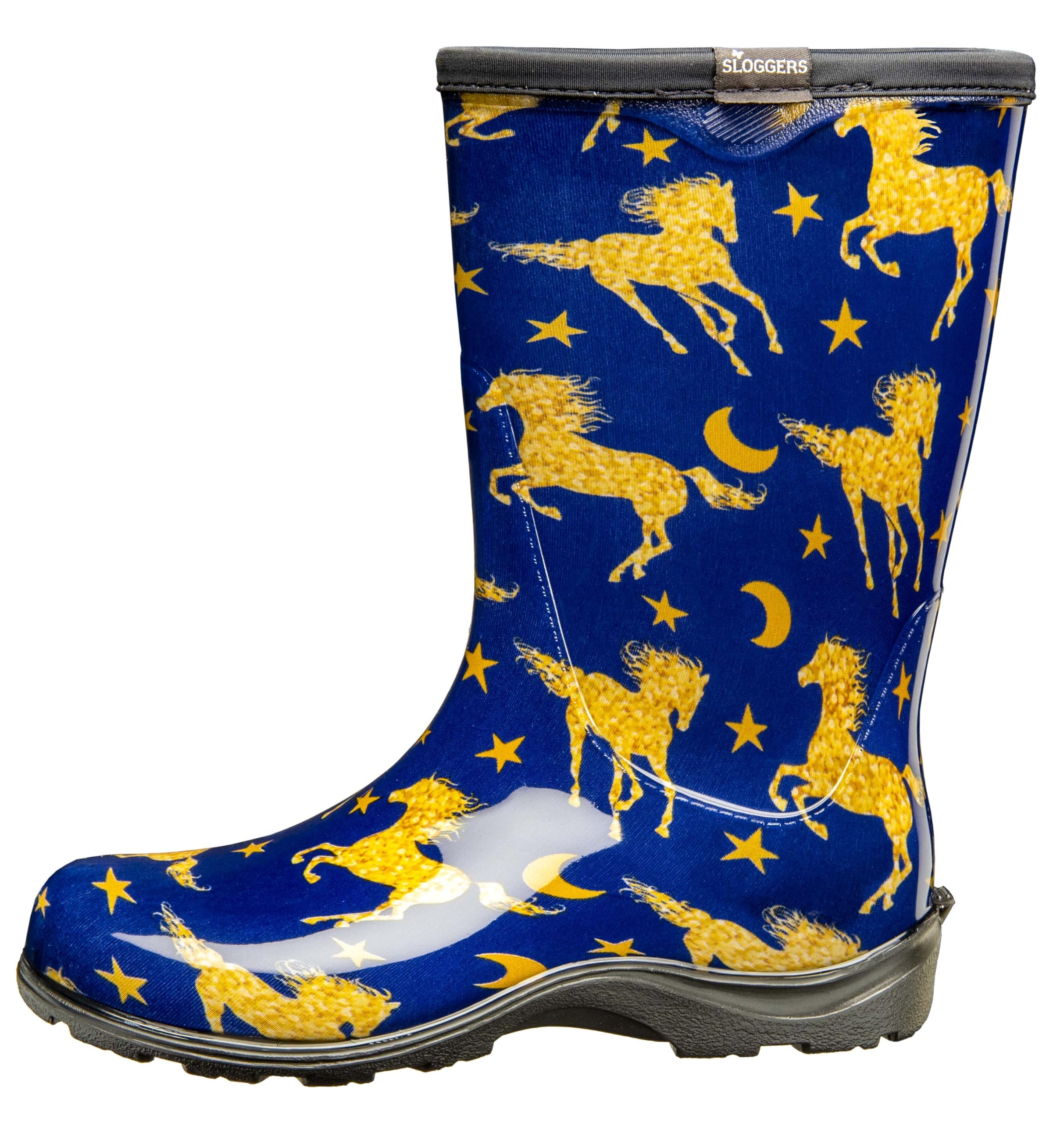 Sloggers Waterproof Garden Rain Boots for Women - Cute Mid-Calf Mud & Muck Boots with Premium Comfort Support Insole, (Horse Sta