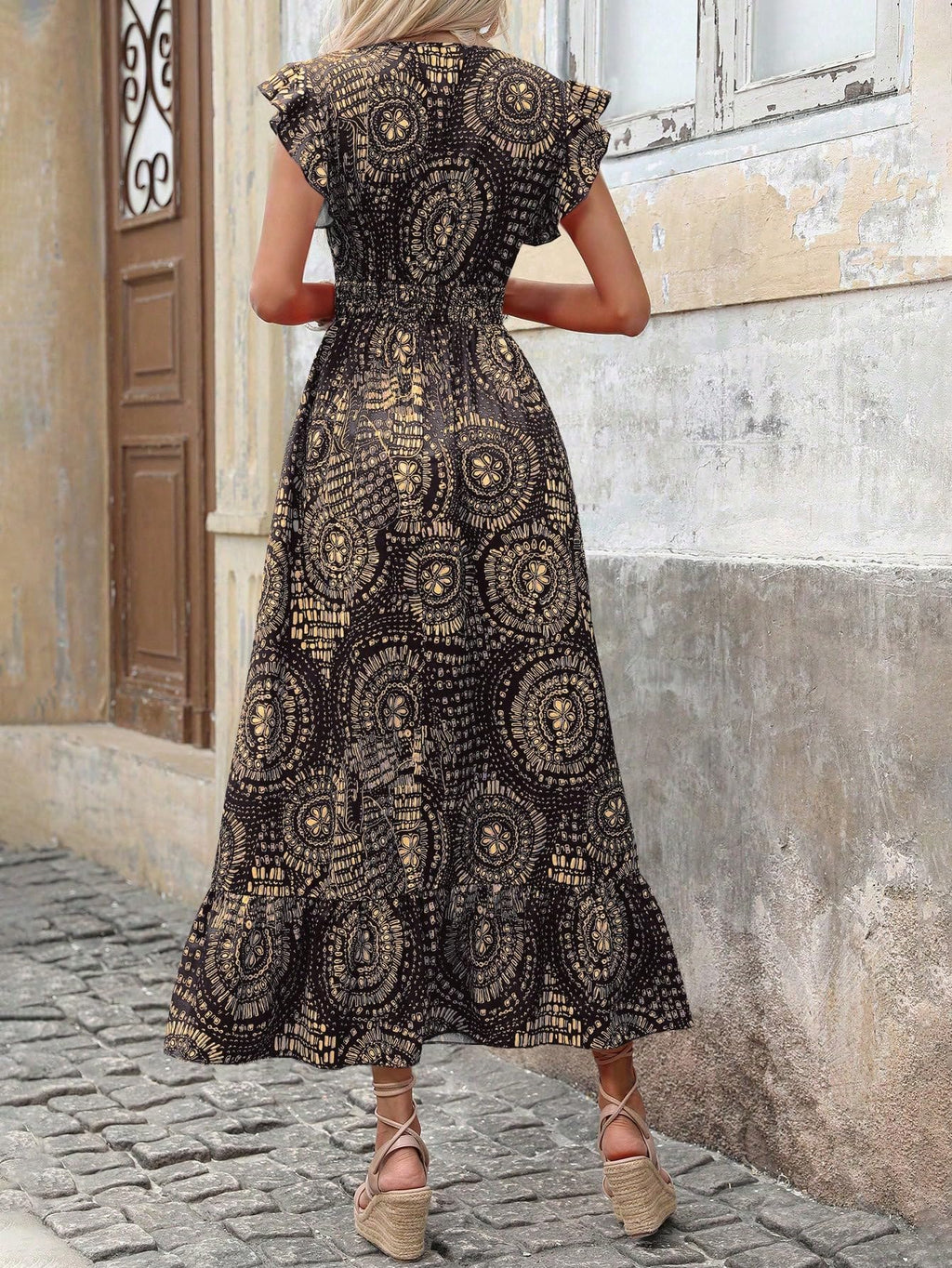 Shasmi Womens & Girls Boho Black V-Neck Printed Dress With Ruffled Hem And Belted Waist For Vacation, One Piece Maxi For Womens