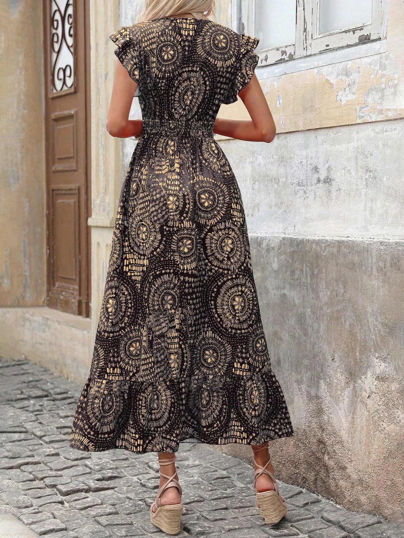Shasmi Womens & Girls Boho Black V-Neck Printed Dress With Ruffled Hem And Belted Waist For Vacation, One Piece Maxi For Womens