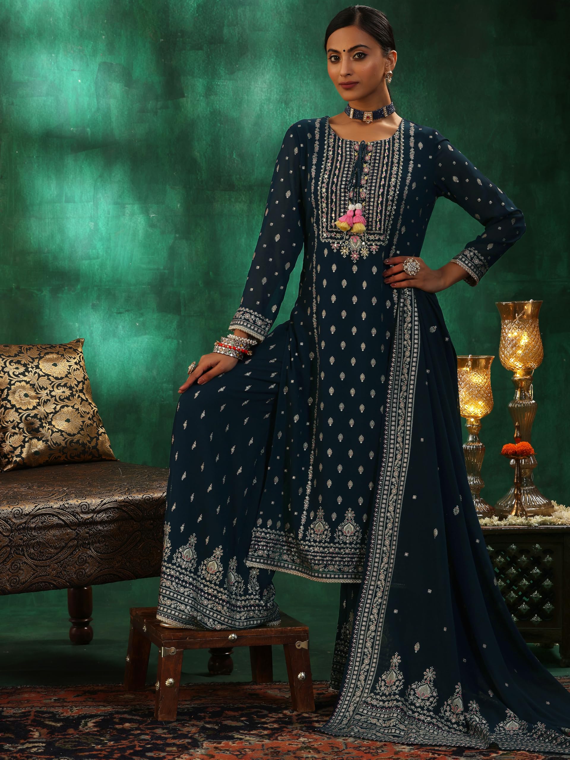 Libas Womens Printed Georgette Straight Kurta With Palazzos And Dupatta
