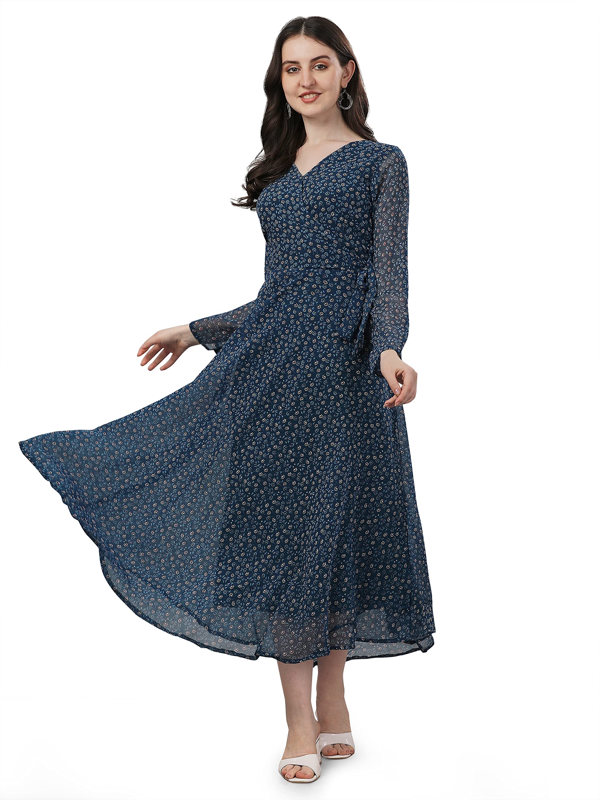 Trillmixa WomenS Georgette Stylish A-Line Maxi-Legth Dress (Ankita) Blue