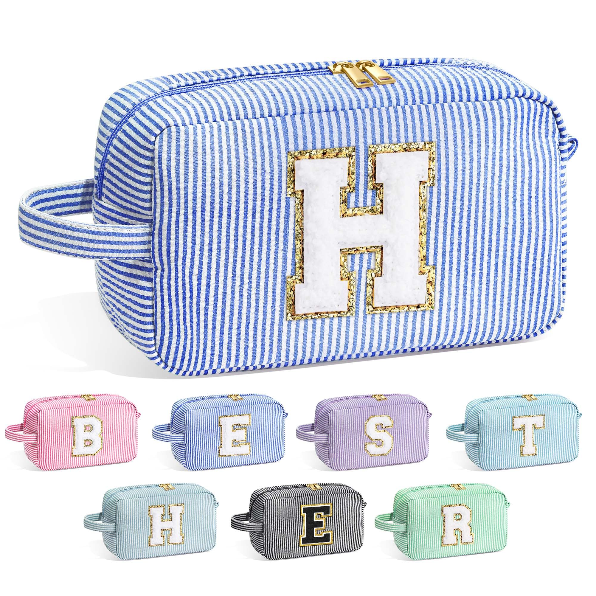 YOOLIFE Initial Makeup Bag for Women - Monogram Cute Blue Makeup Bag Cosmetic Toiletry Pouch Make Up Case for Women Her Best Fri