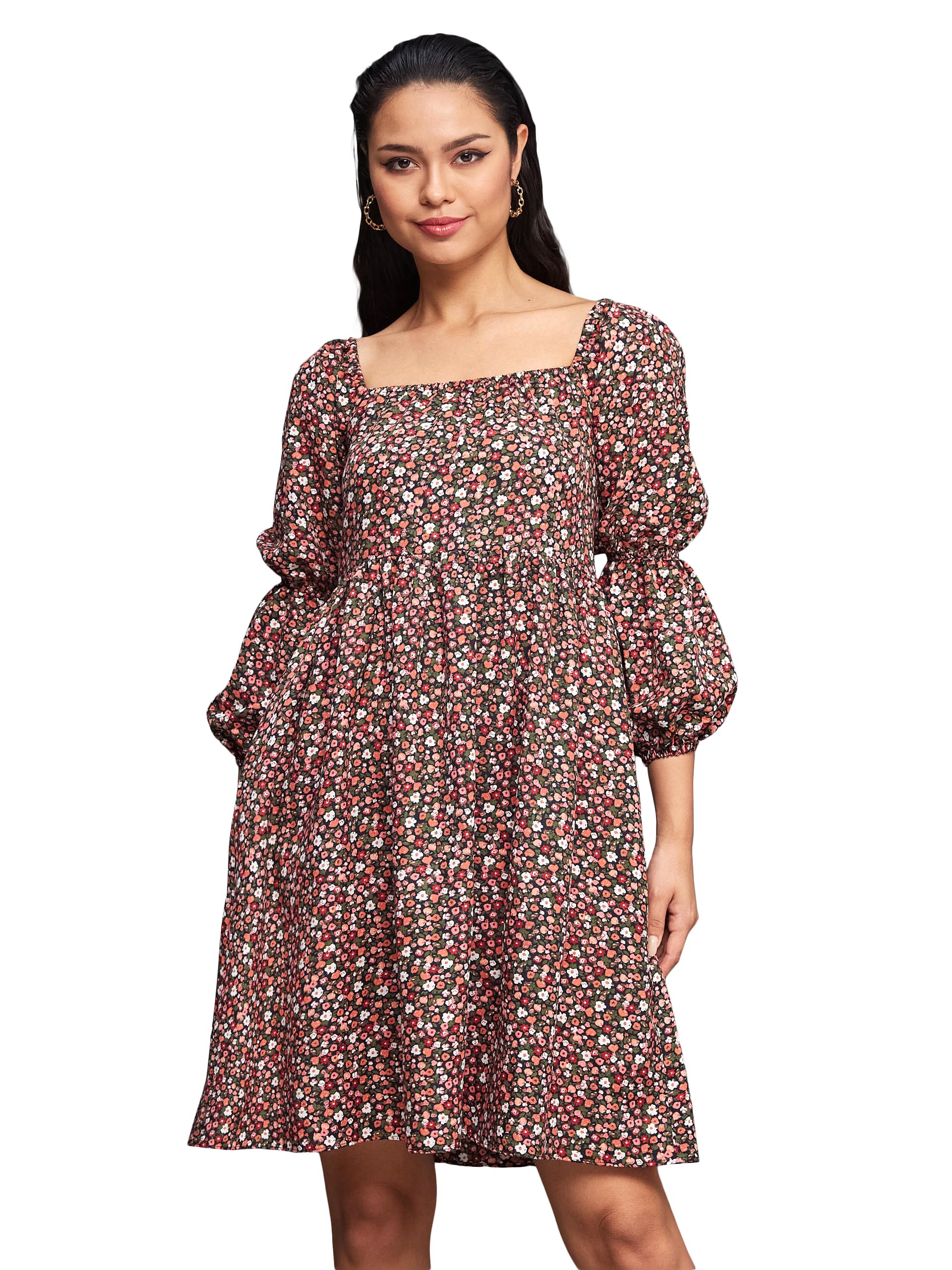 Miss Chase WomenS Square Neck Bishop Sleeve Viscose Rayon Floral Gathered Above Knee Dress With Pocket (Mcss22D16-09-171-04, Mu