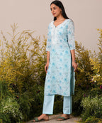 Libas Womens Printed Linen Straight Kurta With Trousers And Dupatta