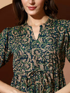 Kzully | Dress For Women | Midi Dress | Floral Printed | Polyester Fabric | Bell Sleeve Ethnic A-Line | Tiered Fit & Flare | Cas
