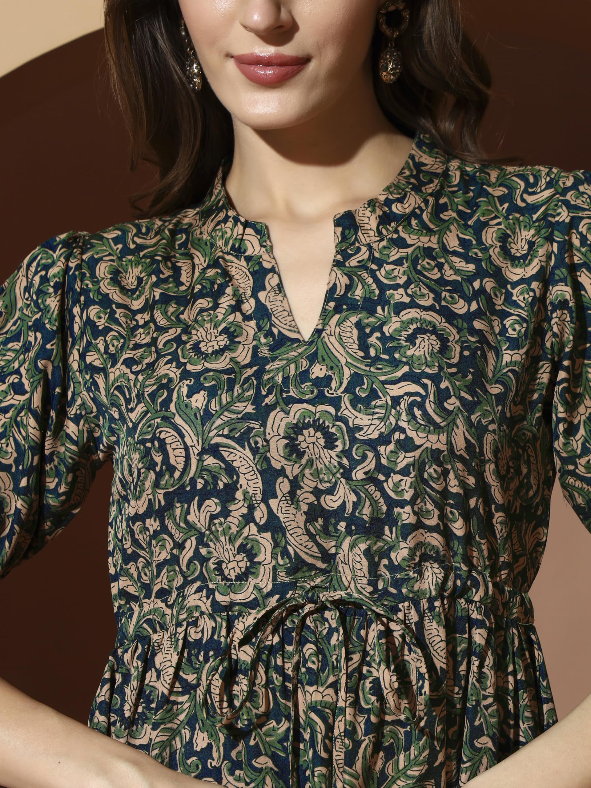 Kzully | Dress For Women | Midi Dress | Floral Printed | Polyester Fabric | Bell Sleeve Ethnic A-Line | Tiered Fit & Flare | Cas