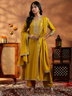 Libas Womens Yoke Design Silk Blend A-Line Kurta With Trousers And Dupatta