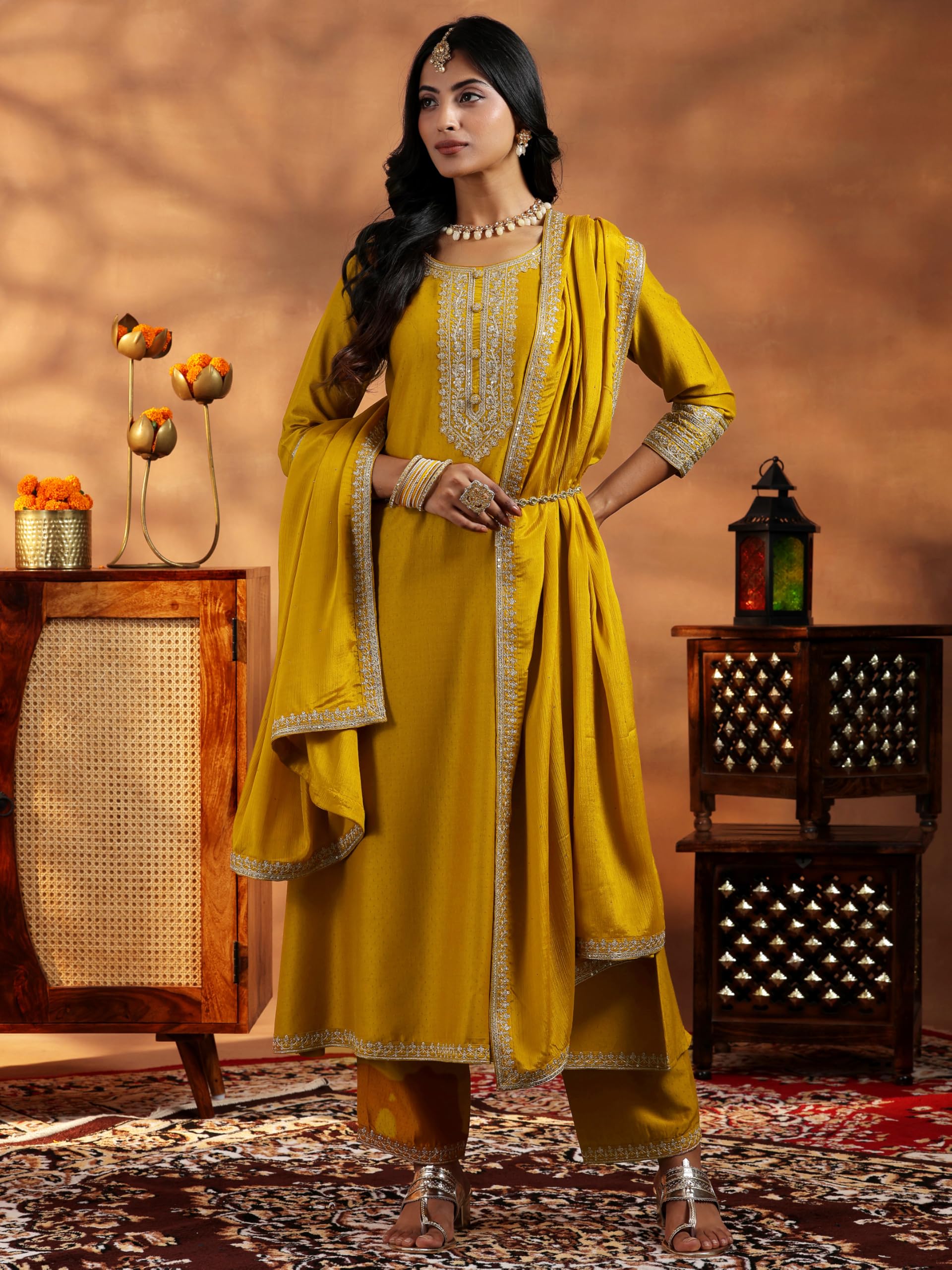 Libas Womens Yoke Design Silk Blend A-Line Kurta With Trousers And Dupatta