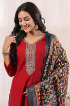 Ishin Women'S Maroon Ethnic Motifs Zari Work Staright Kurta With Trousers & Dupatta