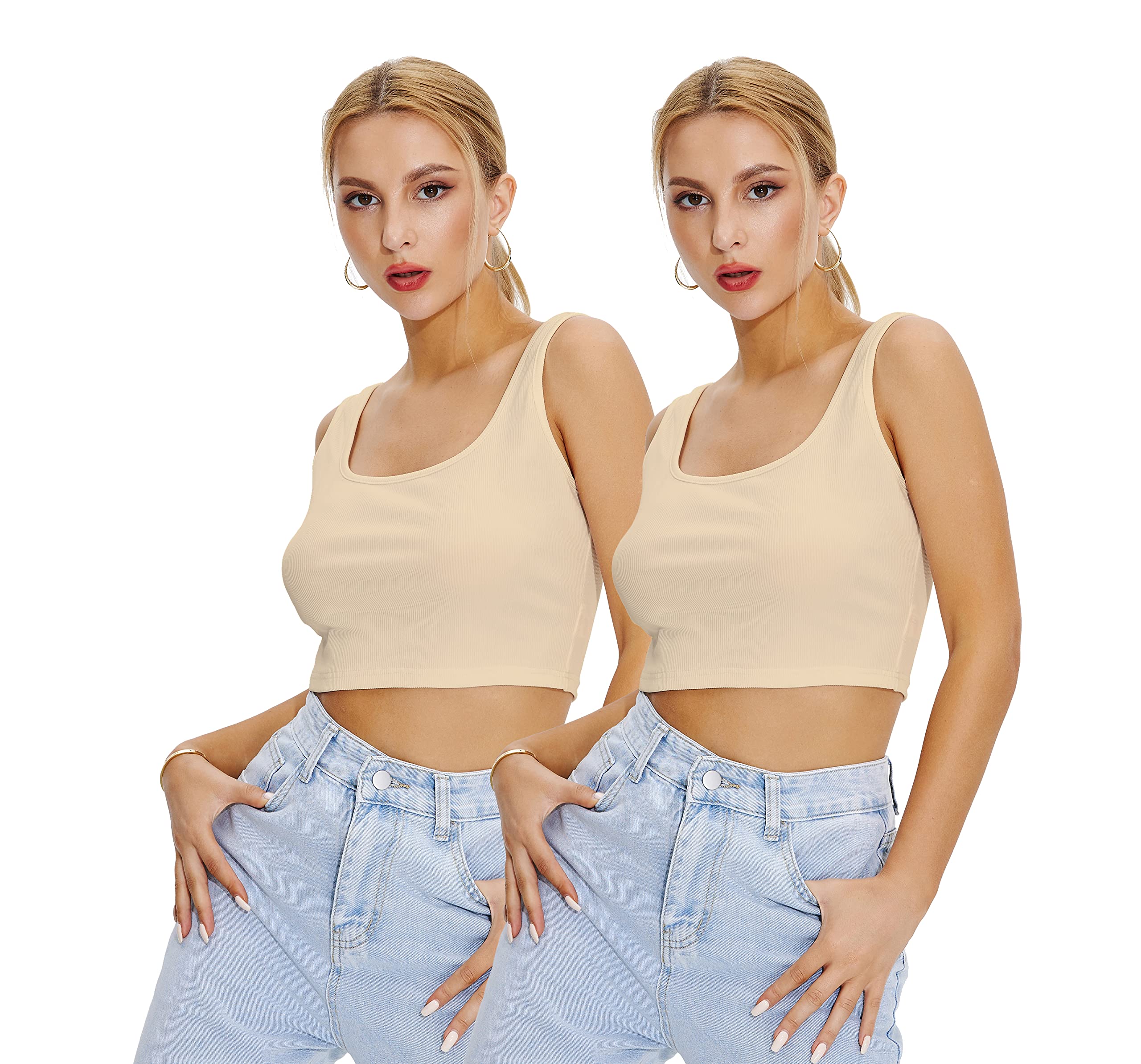 Shasmi Womens & Girls Solid Ribbed Square Neck Collarless Sleeveless Slim Fit Simplicity Tank Tops (Pack of 2) (TOP 36 Skin Sk