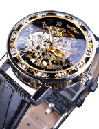 Winner Retro Manual Mechanical Skeleton Watch with Diamond and Carving Flower Craft Men Skeleton Wrist Watch Mechanical Classic