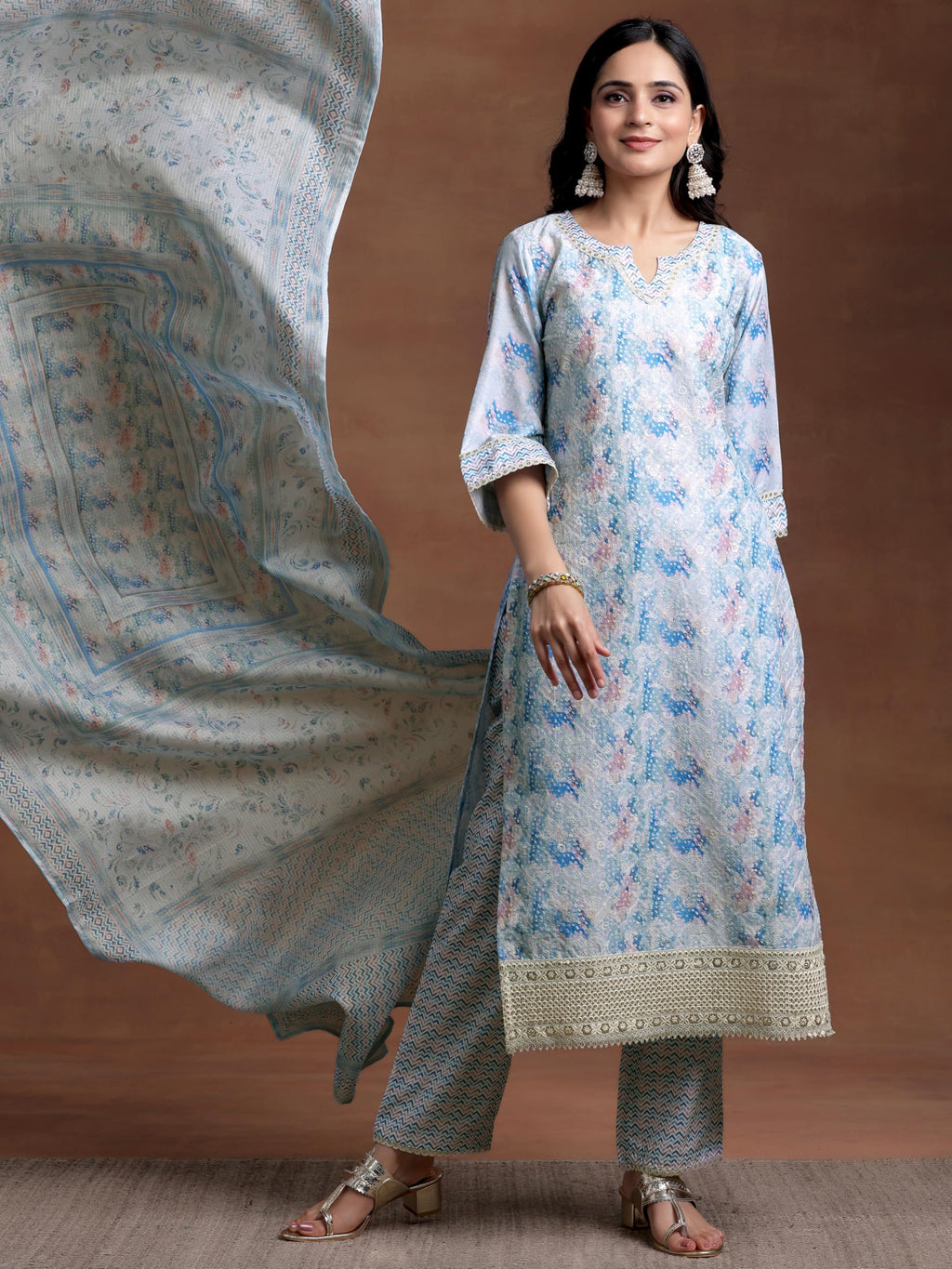 Libas Womens Embroidered Cotton Blend Straight Kurta With Palazzos And Dupatta
