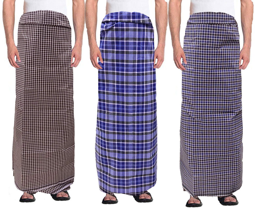 Weavers Villa MenS 100% Cotton Multicolored Unstiched Lungi (2 Mtrs) - Pack Of 3