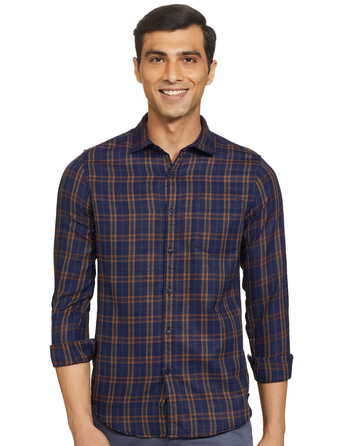 Ketch MenS Letter Print Straight Regular Fit Shirt (Khsh000206_Rust/Navy Blue M)