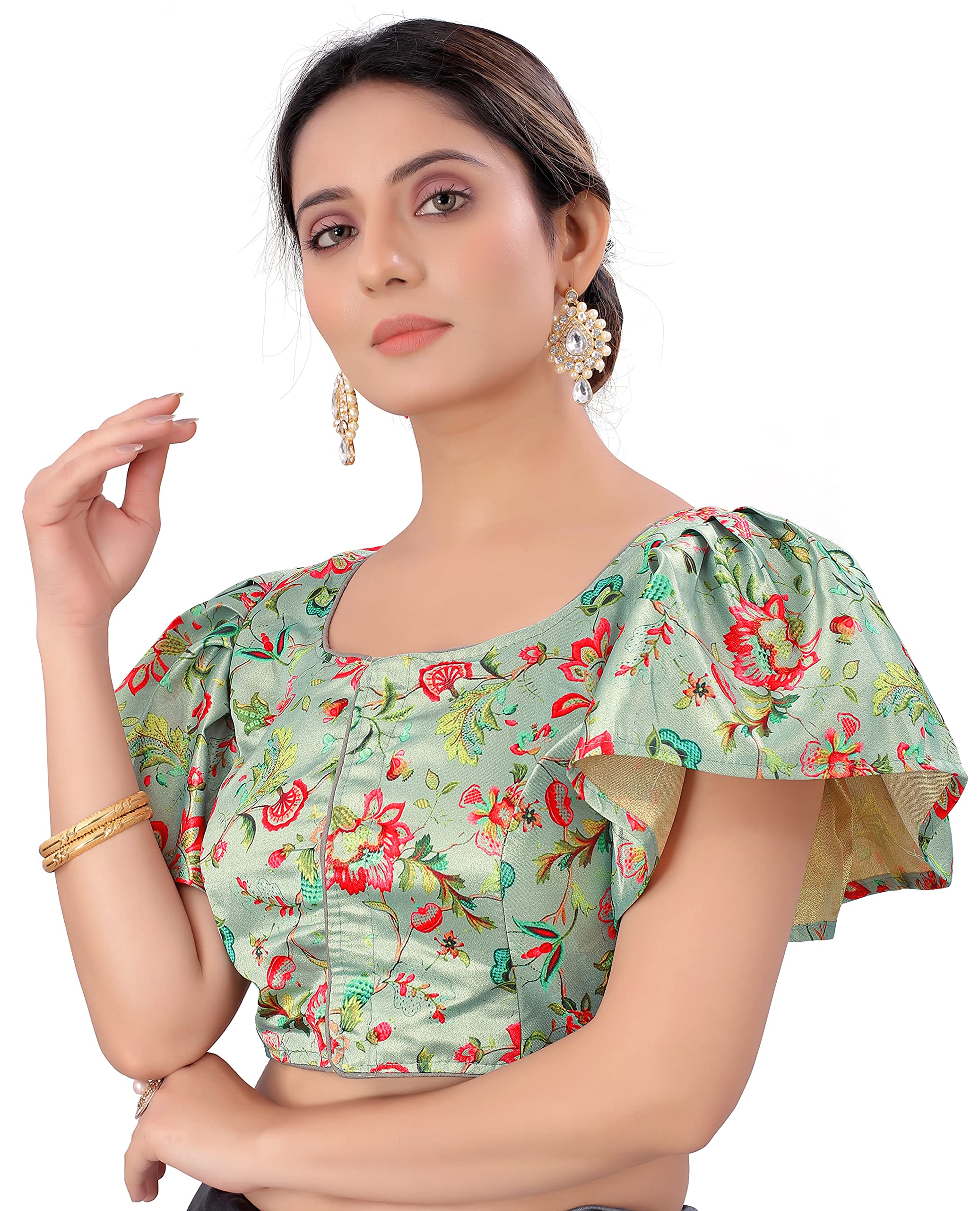 Pujia Mills WomenS Multicolor Butterfly Floral Print Pattern Ruffle Sleeve Readymade Saree Blouse