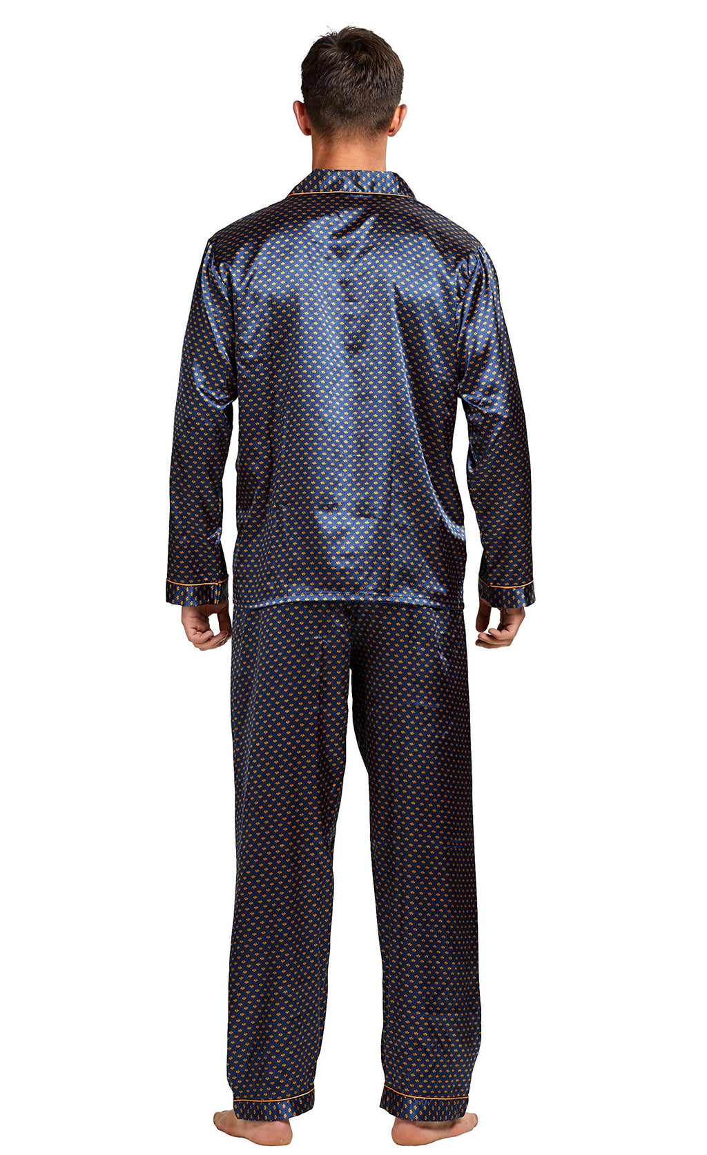 TONY AND CANDICE Men's Classic Satin Pajama Set Sleepwear (Blue/Golden, Medium)