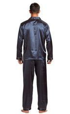 TONY AND CANDICE Men's Classic Satin Pajama Set Sleepwear (Blue/Golden, Medium)