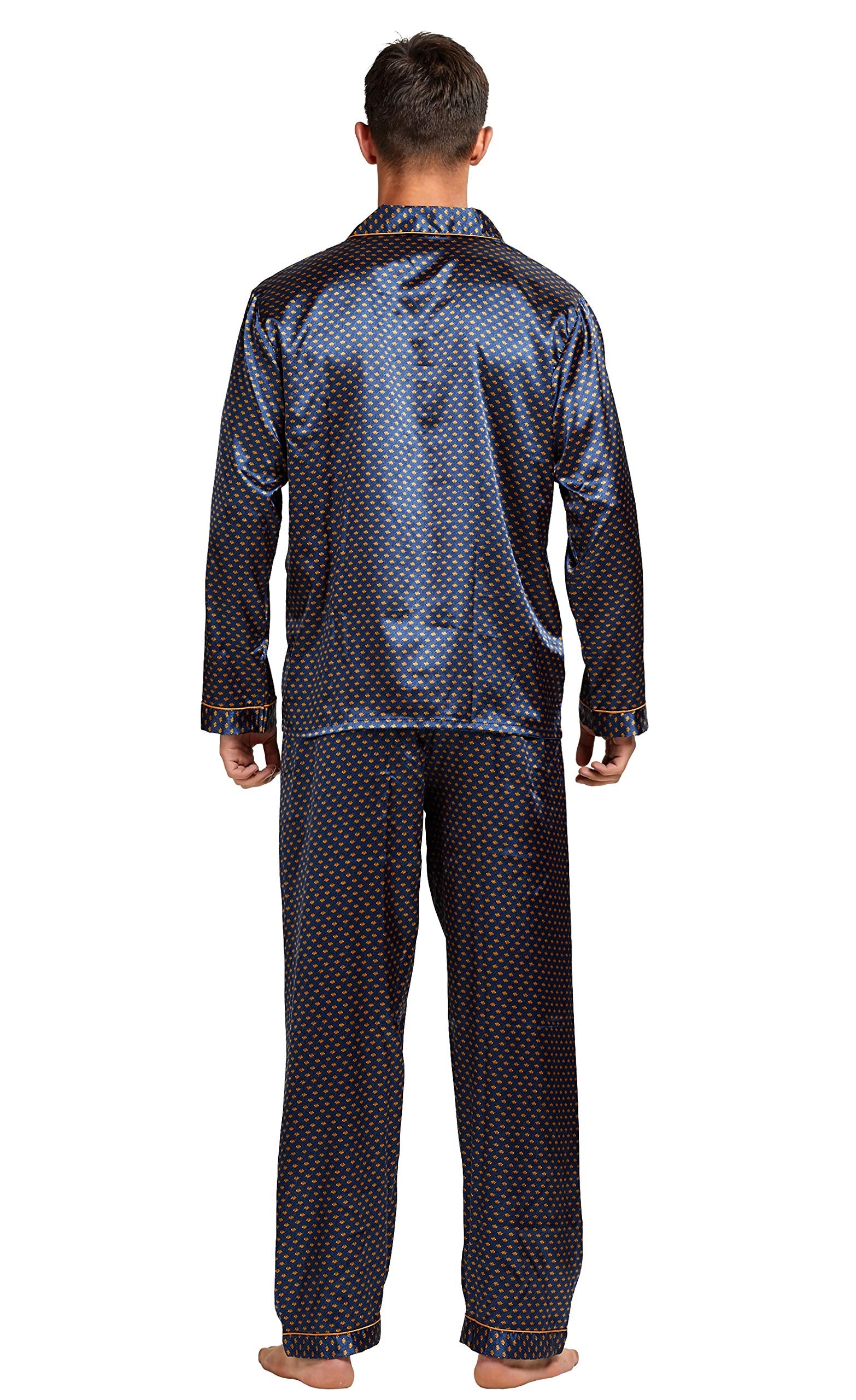 TONY AND CANDICE Men's Classic Satin Pajama Set Sleepwear (Blue/Golden, Medium)
