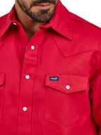 Wrangler Mens Cowboy Cut Western Two Pocket Long Sleeve Snap Work Shirt - Firm Finish - B&T,Red,4X