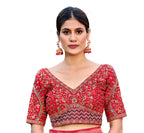 Pujia Mills Mills Womens Fancy Readymade Heavy Coding Embroidary Worked Half Sleeve Red Saree Blouse(Mushroom Red_42)