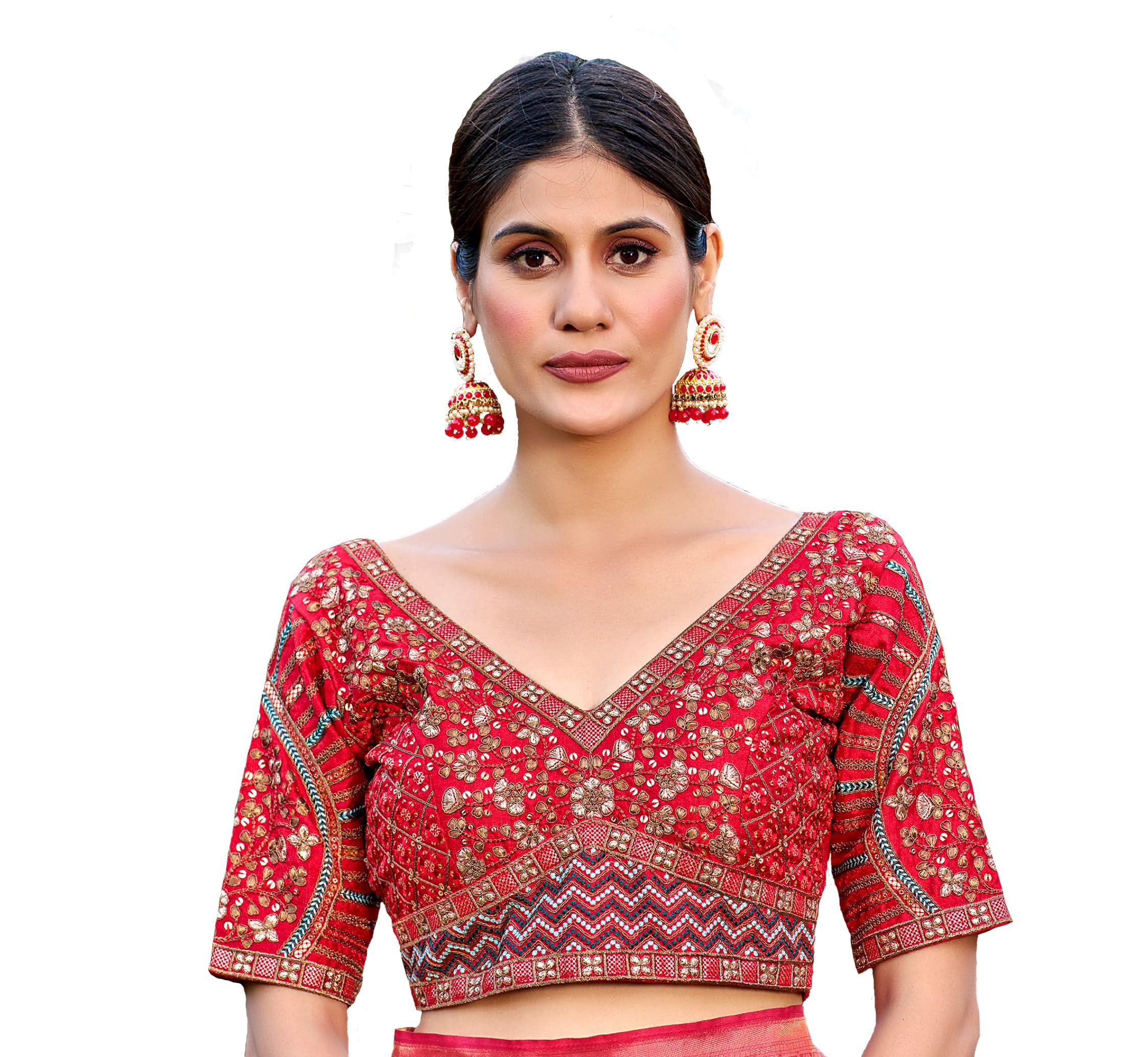 Pujia Mills Mills Womens Fancy Readymade Heavy Coding Embroidary Worked Half Sleeve Red Saree Blouse(Mushroom Red_42)