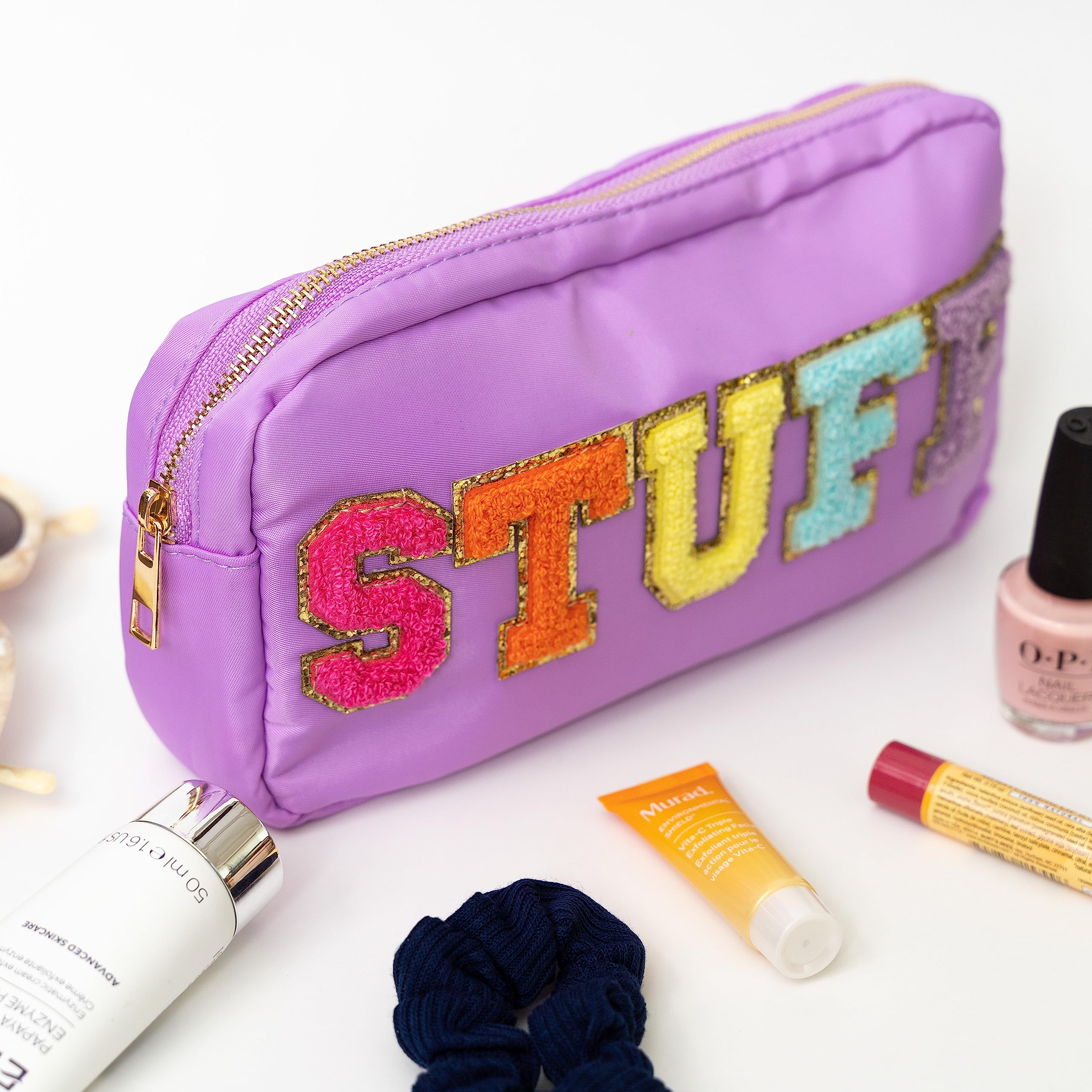 Fablinks Preppy Pouch, Chenille Varsity Letter Stuff Bag, Purple STUFF Nylon Skin Care Patch Bags Organizer, Travel Make Up Skin