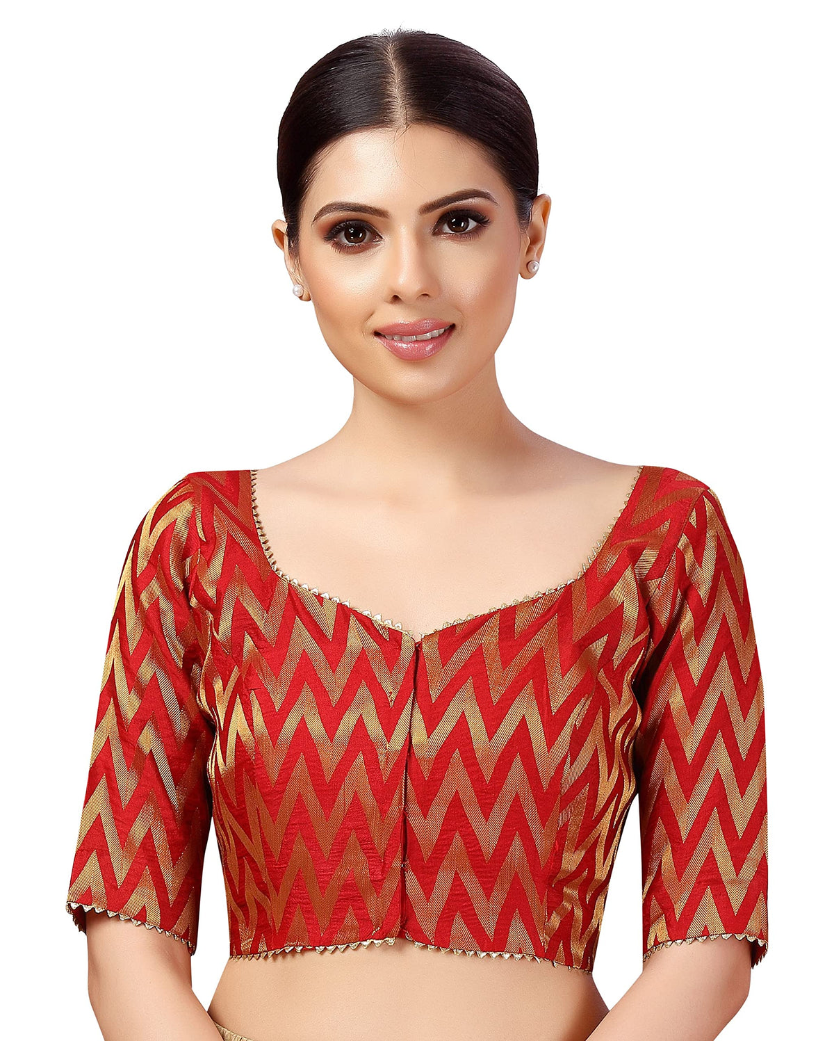 Studio Shringaar WomenS Readymade Wave Design Banaras Brocade Saree Blouse With Elbow Length Sleeves (Red,44) 44
