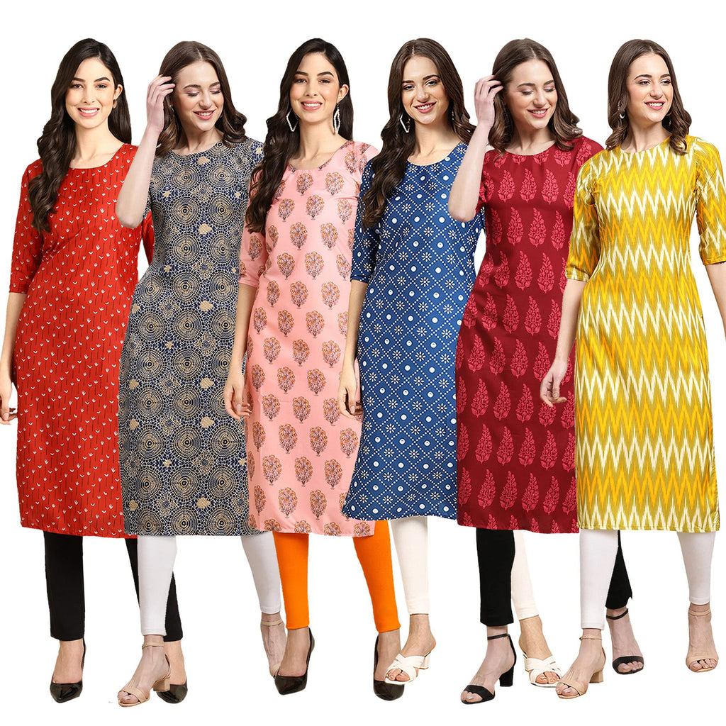 Pinkmint Women'S Crepe Digital Print Straight Kurta Pack Of 6 Multicolour