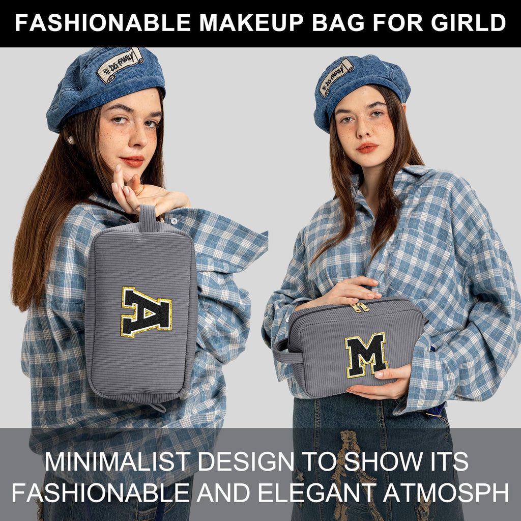 YOOLIFE 2 Gray Makeup Pouch - Travel Makeup Bag for Women - Corduroy, Cute, Large - Personalized Friend & Mom Gifts