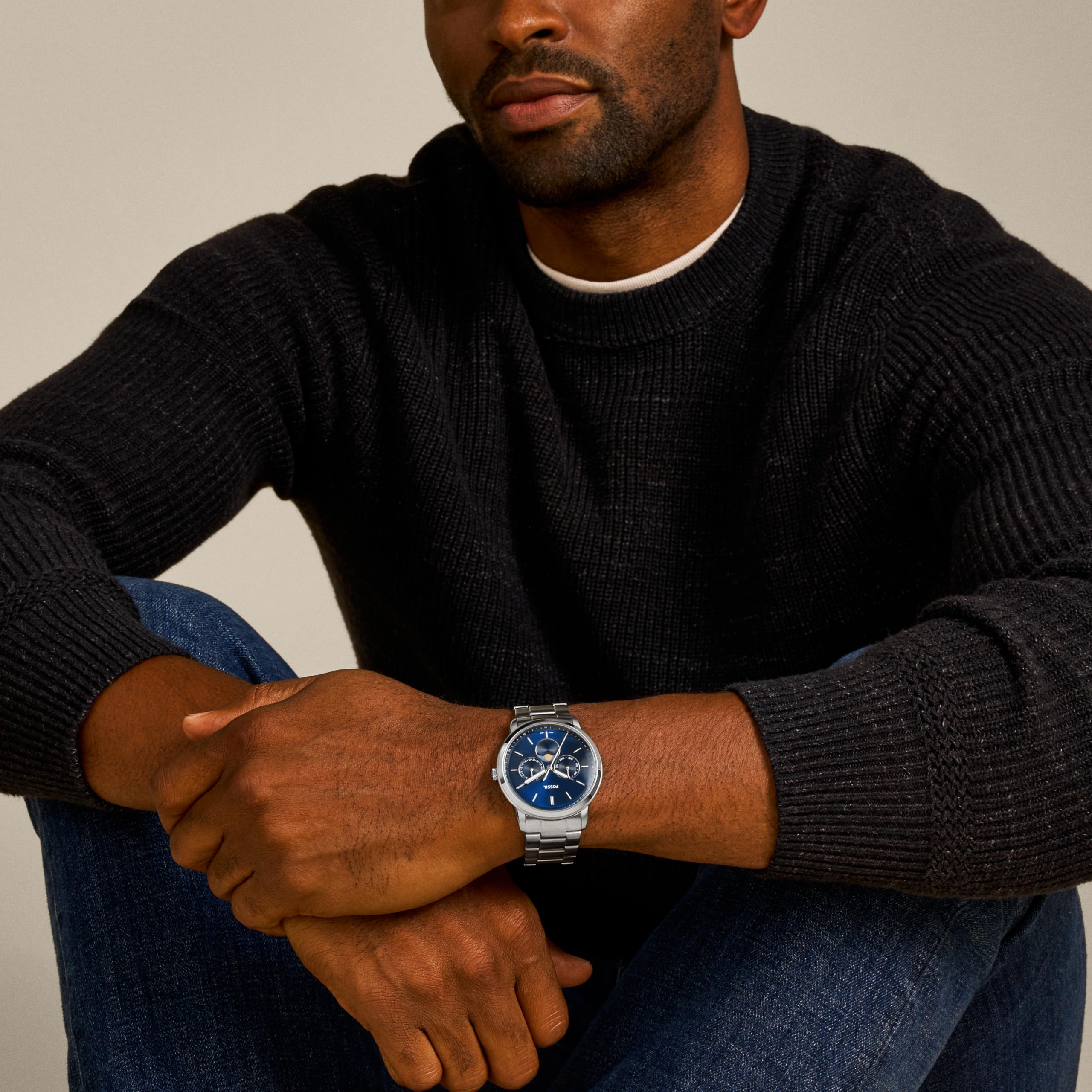 Fossil Men's Neutra Quartz Stainless Steel Multifunction Moonphase Watch, Color: Silver/Blue (Model: FS5907)