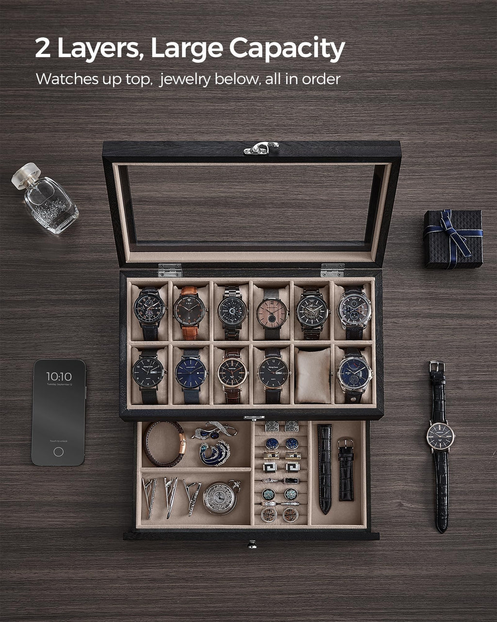 SONGMICS 12-Slot Watch Box, 2-Tier Watch Display Case with Large Glass Lid, Removable Watch Pillows, Velvet Lining, Jewelry Box,