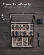 SONGMICS 12-Slot Watch Box, 2-Tier Watch Display Case with Large Glass Lid, Removable Watch Pillows, Velvet Lining, Jewelry Box,
