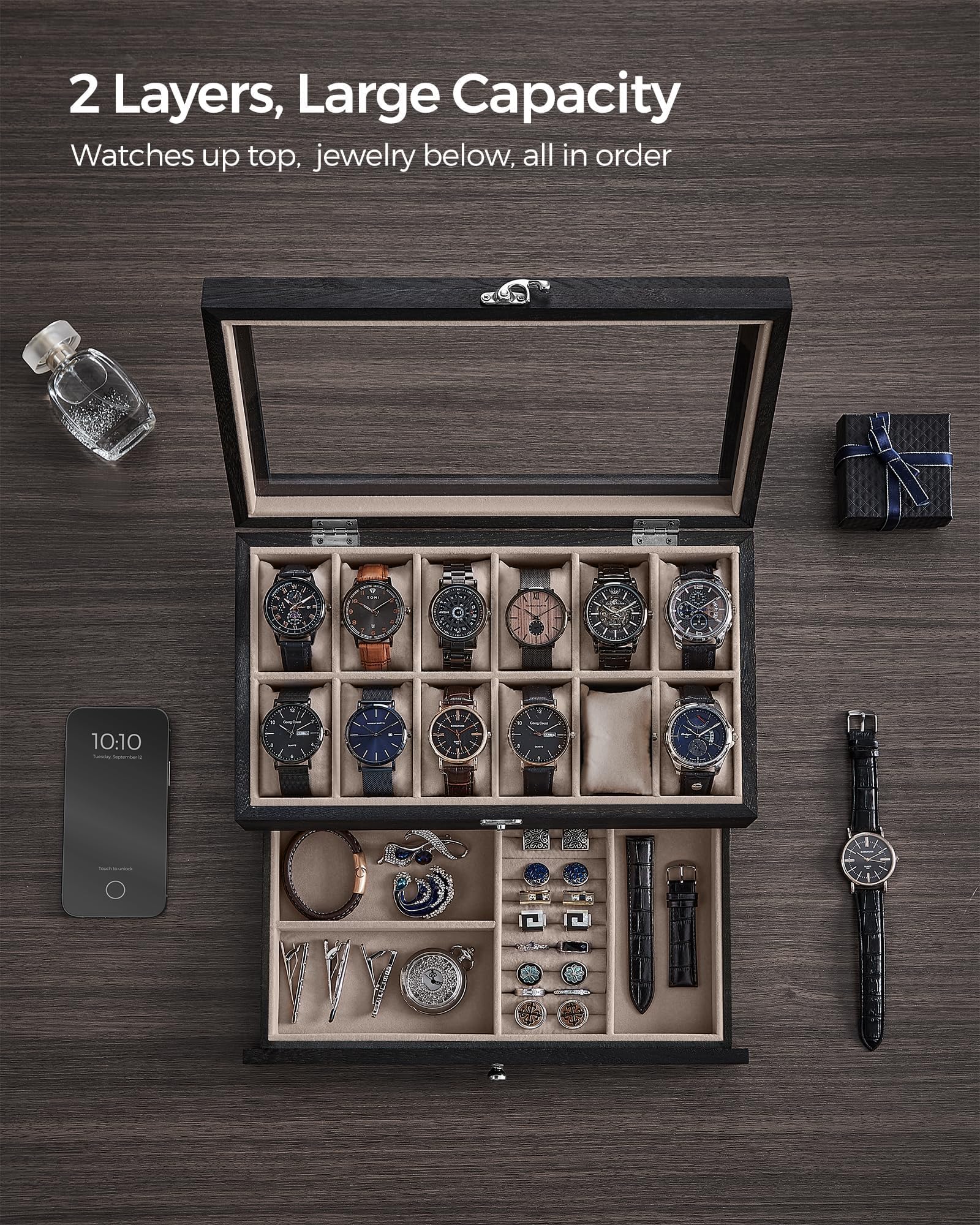 SONGMICS 12-Slot Watch Box, 2-Tier Watch Display Case with Large Glass Lid, Removable Watch Pillows, Velvet Lining, Jewelry Box,